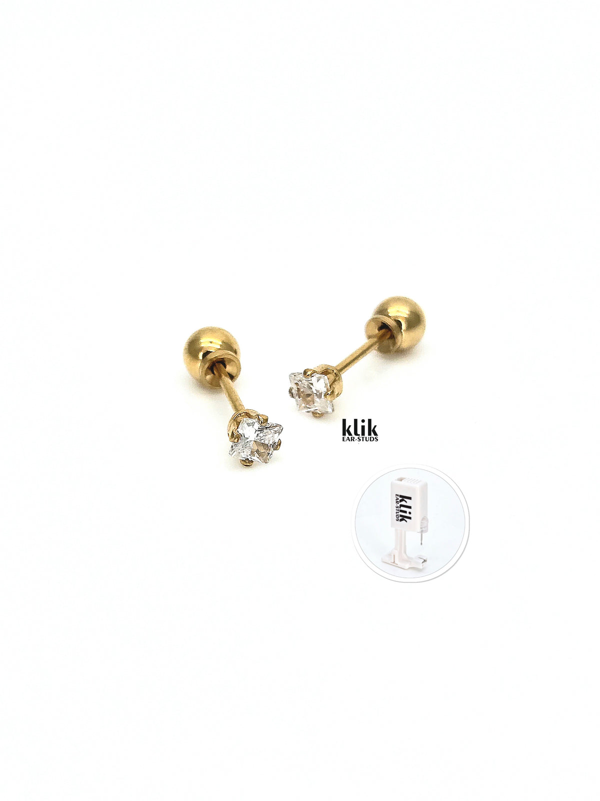KLIK ear-studs | Ausu caurduršanas sistēma + Auskari: Kvadrāts, balts - zelta krāsā(2gb)