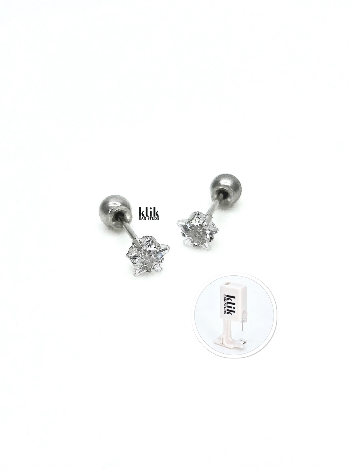 KLIK ear-studs | Ausu caurduršanas sistēma + Auskari: Zvaigzne, balta - sudraba krāsā(2gb)