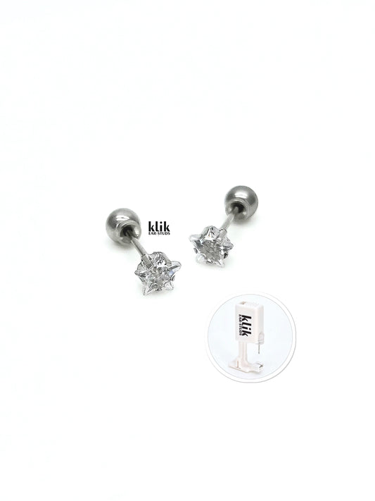 KLIK ear-studs | Ausu caurduršanas sistēma + Auskari: Zvaigzne, balta - sudraba krāsā(2gb)