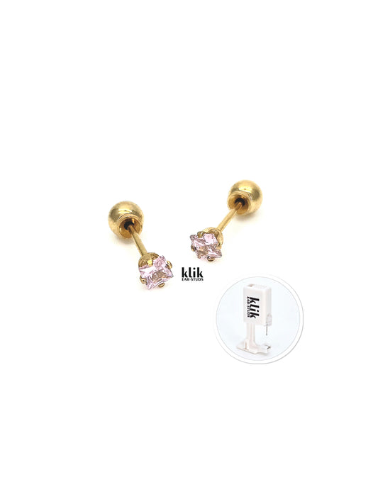 KLIK ear-studs | Ausu caurduršanas sistēma + Auskari: Kvadrāts, rozā- zelta krāsā (2gb)