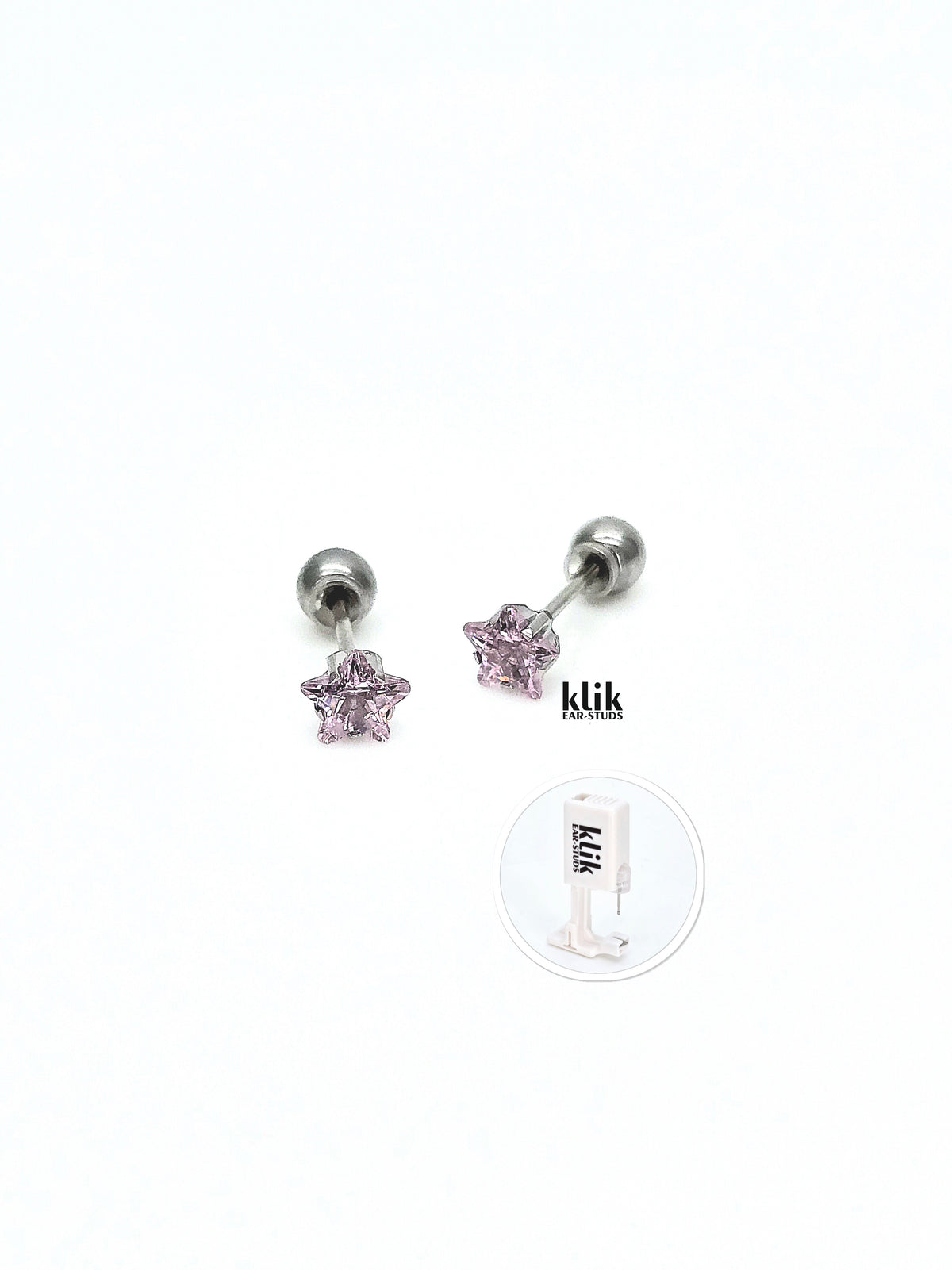 KLIK ear-studs | Ausu caurduršanas sistēma + Auskari: Zvaigzne, rozā - sudraba krāsā (2gb)