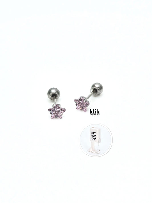 KLIK ear-studs | Ausu caurduršanas sistēma + Auskari: Zvaigzne, rozā - sudraba krāsā (2gb)