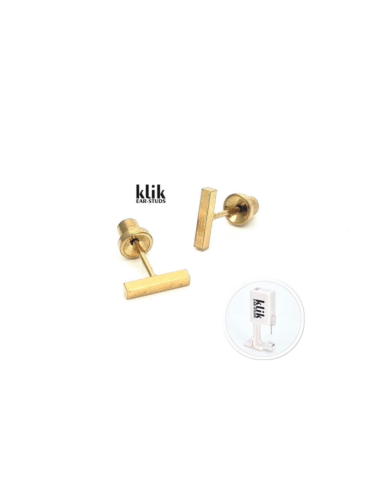 KLIK ear-studs | Ausu caurduršanas sistēma + Auskari: zelta stienis -zelta krāsā (2gb)