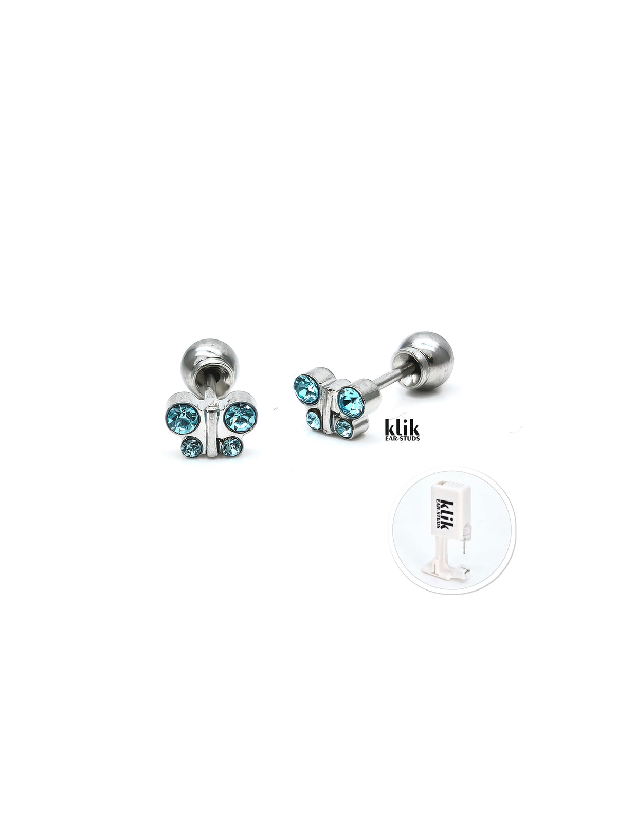 KLIK ear-studs | Ausu caurduršanas sistēma + Auskari: Tauriņš - Okeāna akvamarīns (2gb)