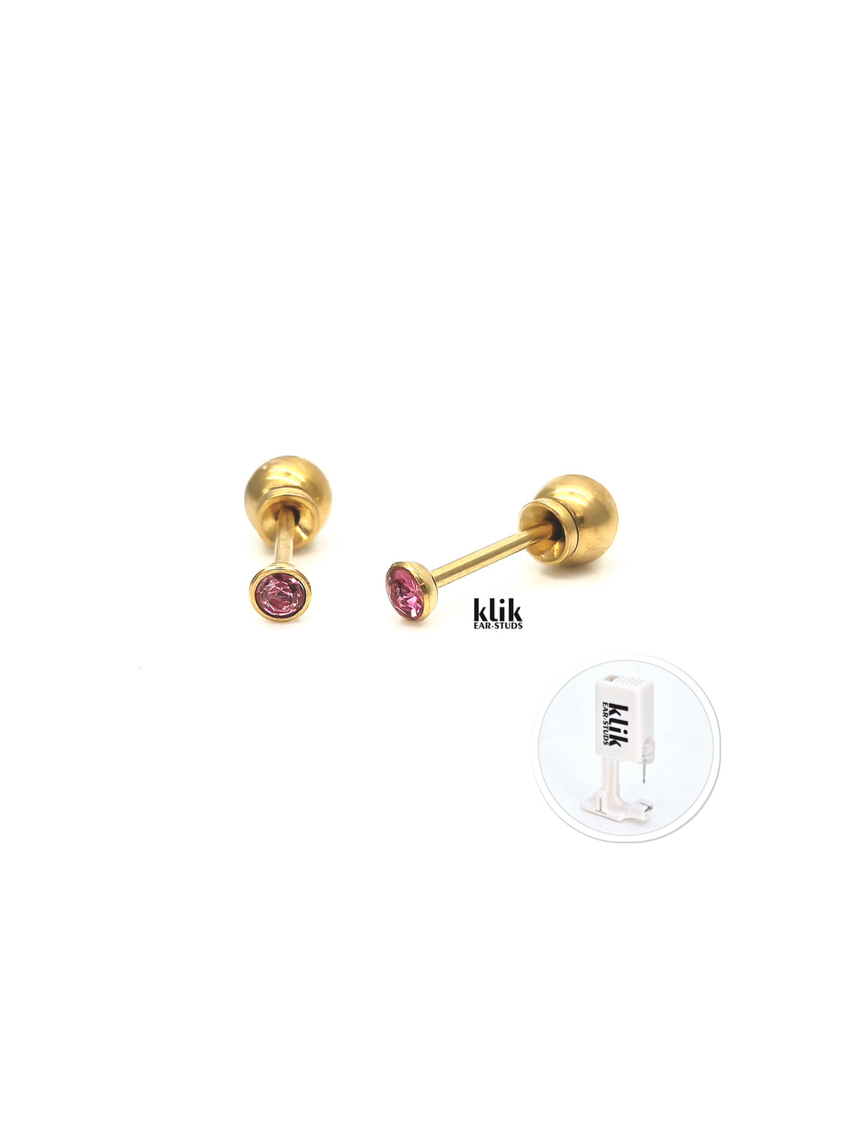 KLIK ear-studs | Ausu caurduršanas sistēma + Auskari: Regulās kristāls- Rozā (2gb)