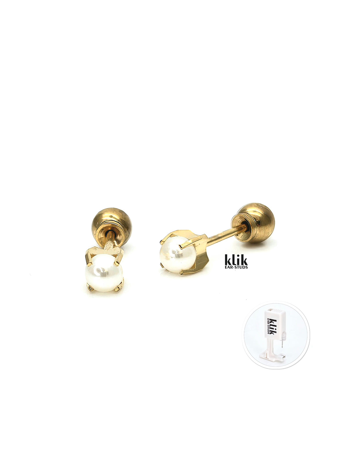 KLIK ear-studs | Ausu caurduršanas sistēma + Auskari: Pērle- balta (2gb)