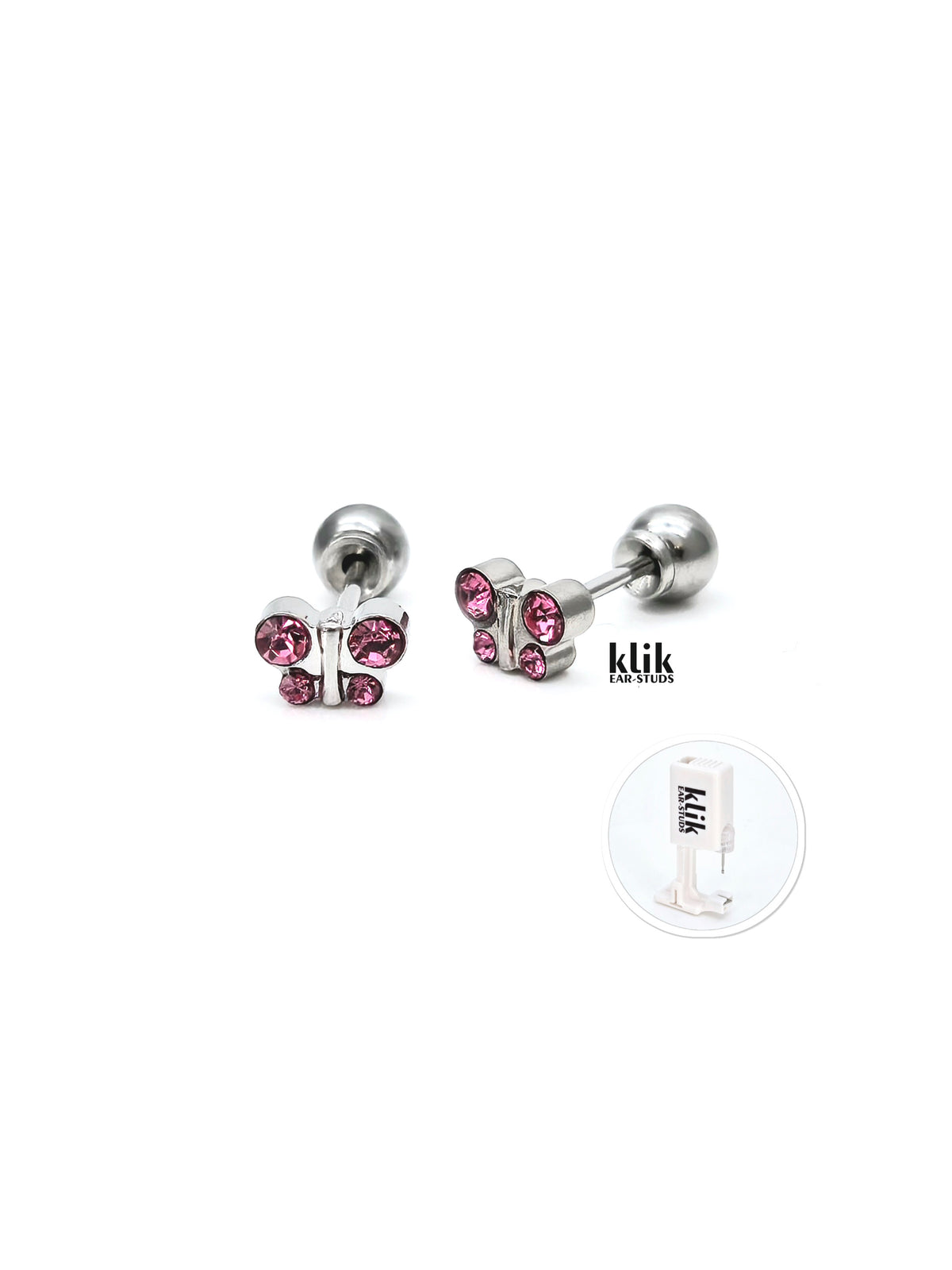 KLIK ear-studs | Ausu caurduršanas sistēma + Auskari: Tauriņš - rozā kvarcs  (2gb)