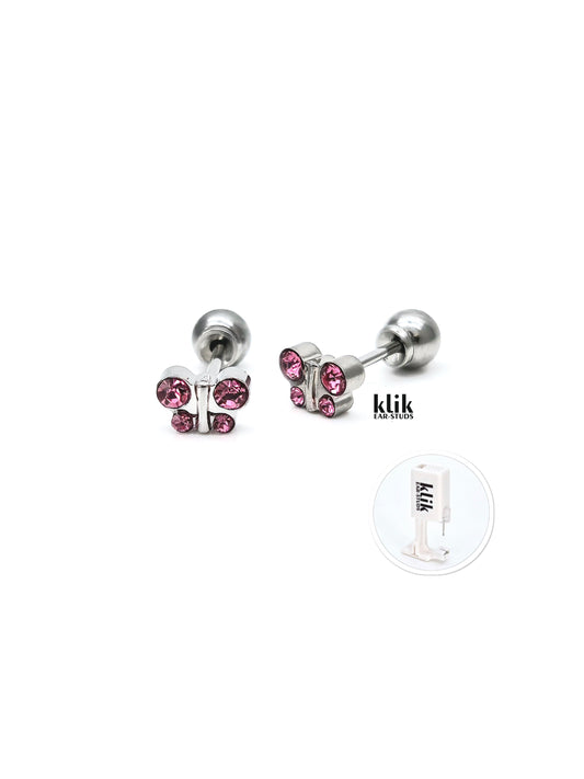 KLIK ear-studs | Ausu caurduršanas sistēma + Auskari: Tauriņš - rozā kvarcs  (2gb)