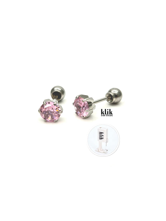 KLIK ear-studs | Ausu caurduršanas sistēma + Auskari: Kubiskais cirkonijs - gaiši rozā (2gb)