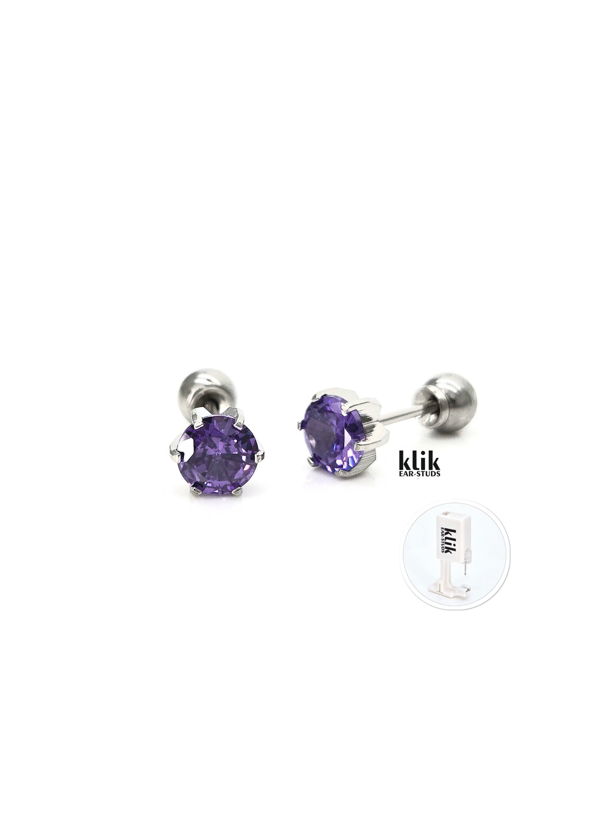 KLIK ear-studs | Ausu caurduršanas sistēma + Auskari: Kubiskais cirkonijs - Violets (2gb)