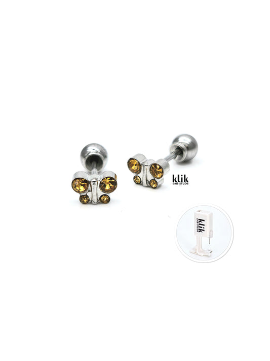 KLIK ear-studs | Ausu caurduršanas sistēma + Auskari: Tauriņš - Dzeltenais Topāzs (2gb)
